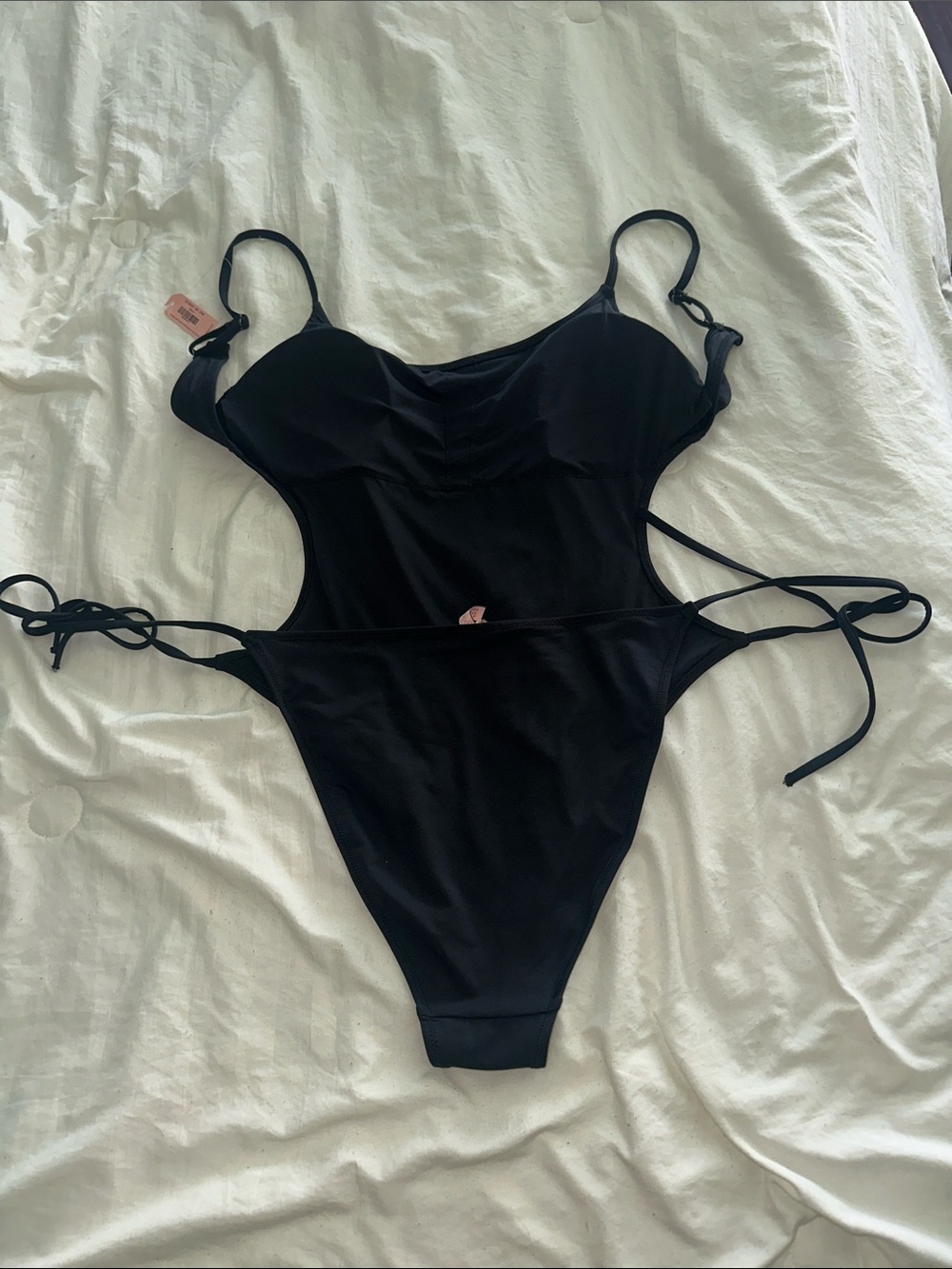 Black Cutout One-Piece Swimsuit with Side Tie Straps - Picture 2 of 2
